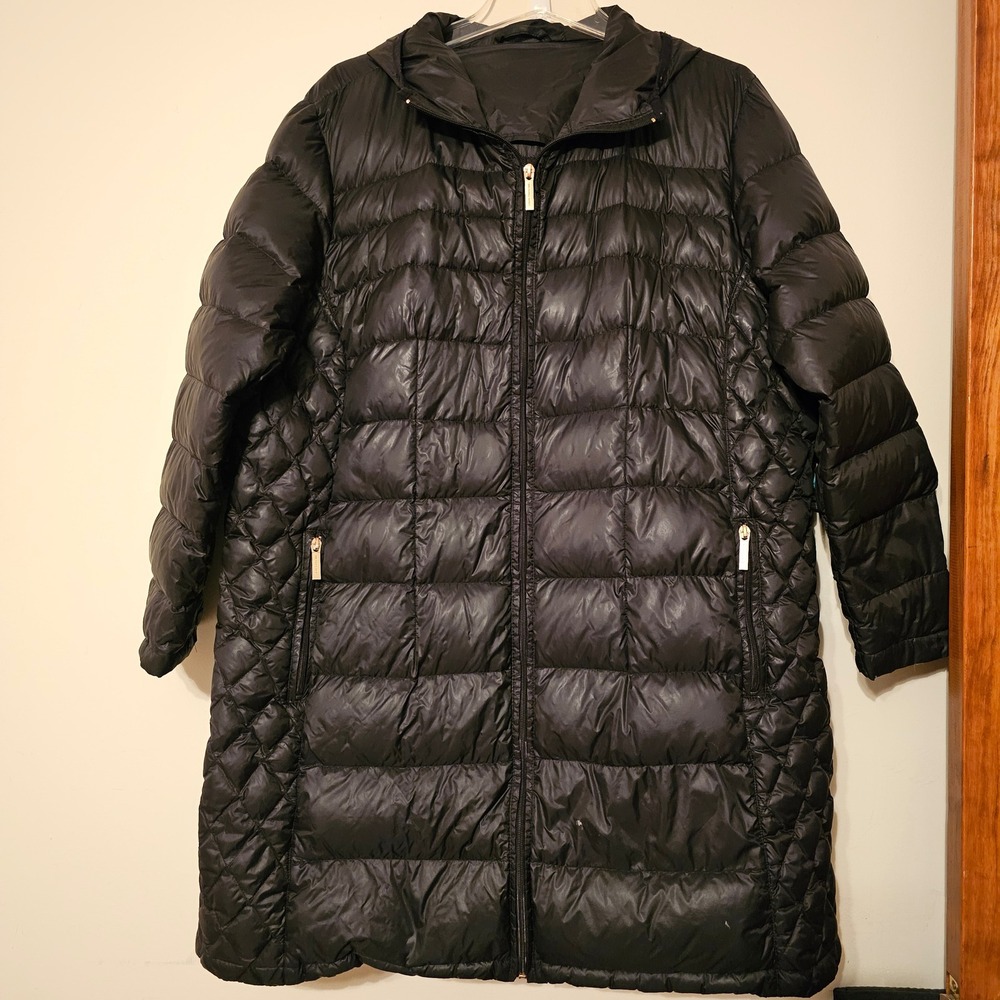 Michael Kors Womens XXL Black Down Puffer Coat Long Hooded Quilted Jacket *READ
